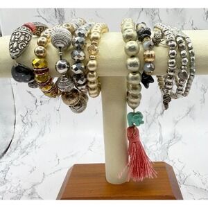Gold Silver Stretch Bracelet Set of‎ 10 Stackable Beaded Arm Candy Lot